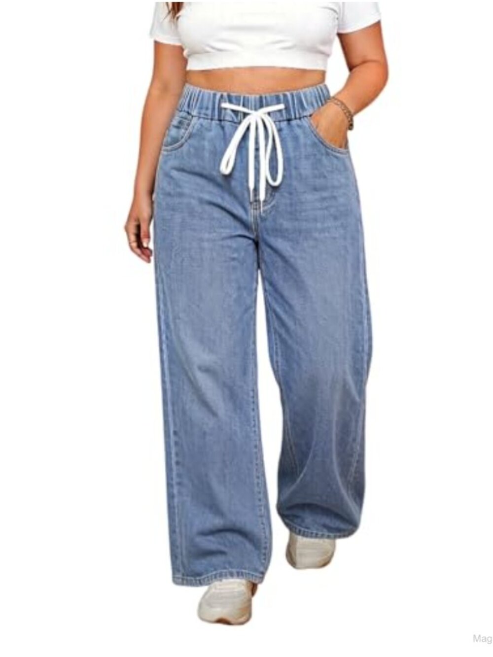 Plus Size Wide Leg Drawstring Jeans High Rise Straight Leg Stretch Denim Pants